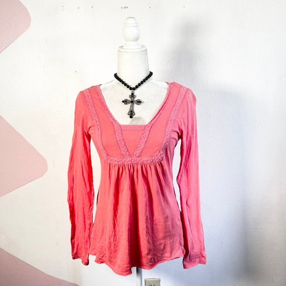 Ann Taylor Tops - Vtg Y2K 2000s Babydoll Top Womens Small Lace Coquette Fairy Peach